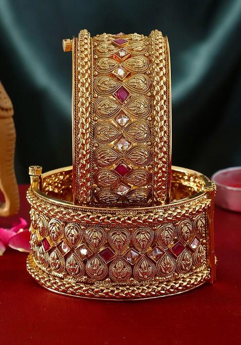 Gold Stone Studded And Beaded Gold Plated Bangles (Set Of 2)