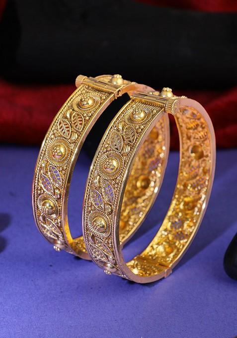 Gold Stone Studded And Beaded Gold Plated Bangles (Set Of 2)