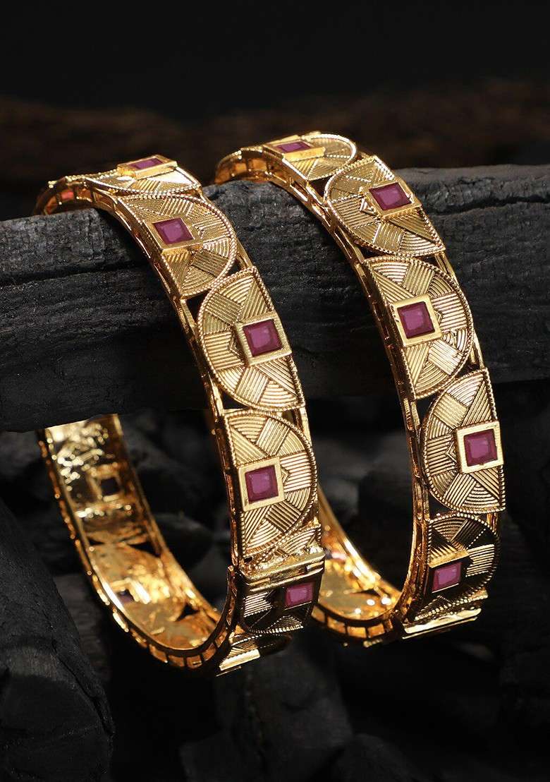 Gold Stone Studded  Gold Plated Bangles (Set Of 2) - Indya