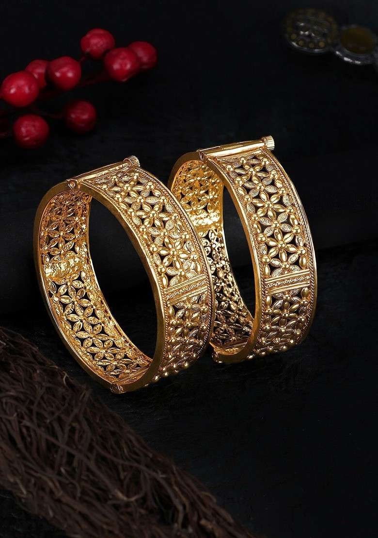 Gold Plain Gold Plated Bangles (Set Of 2) - Indya