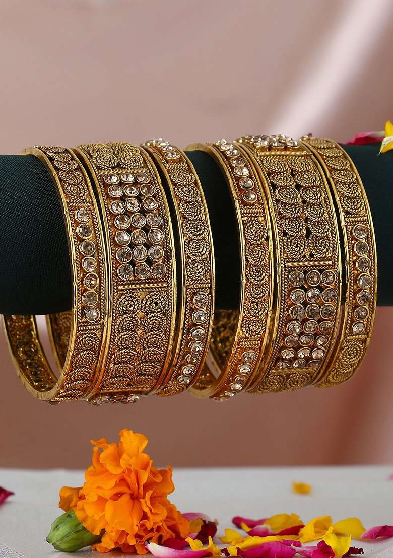 Gold Stone Studded And Beaded Gold Plated Bangle - Indya