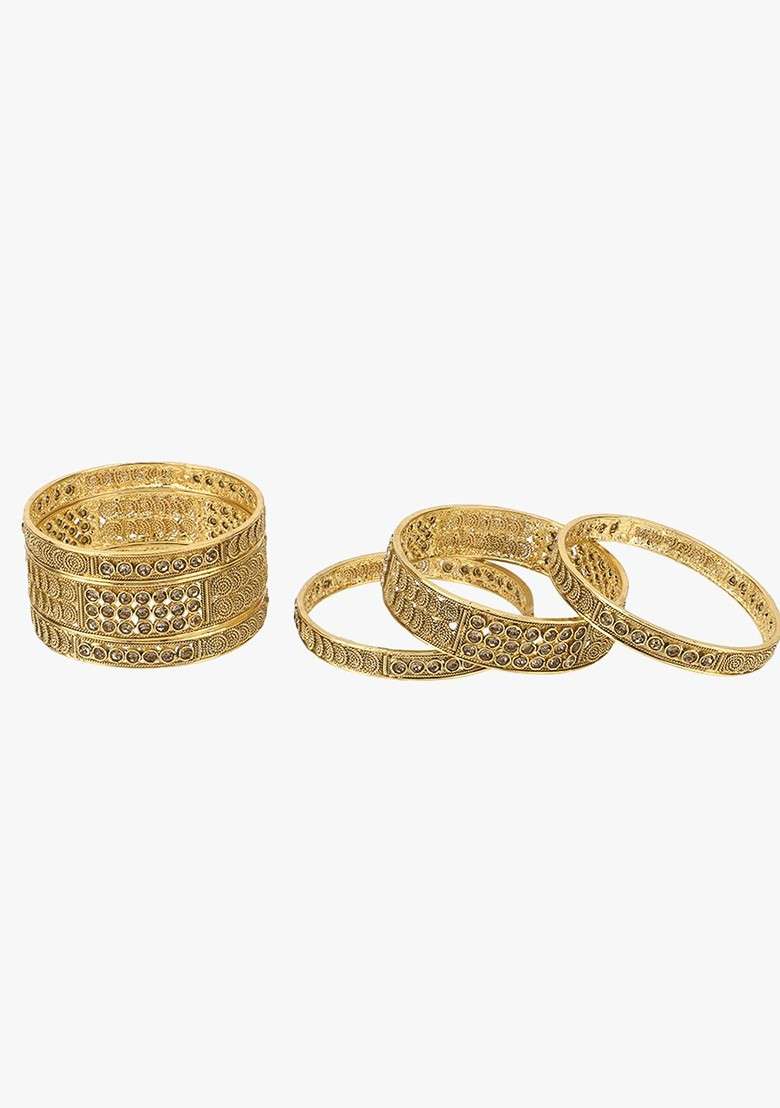 Gold Stone Studded And Beaded Gold Plated Bangle - Indya
