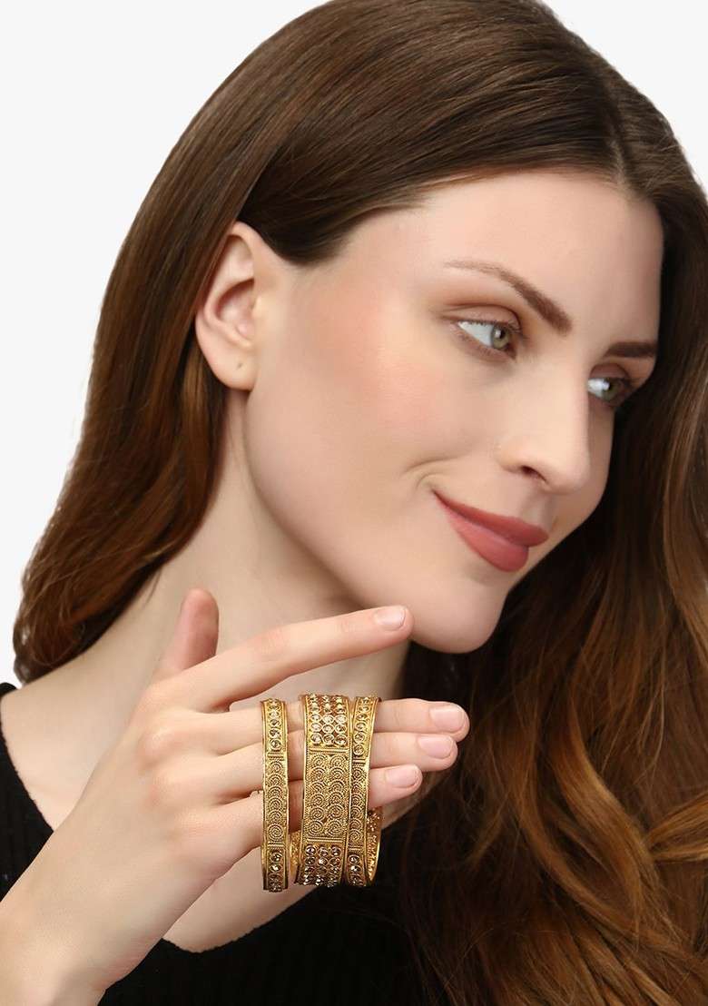 Gold Stone Studded And Beaded Gold Plated Bangle - Indya