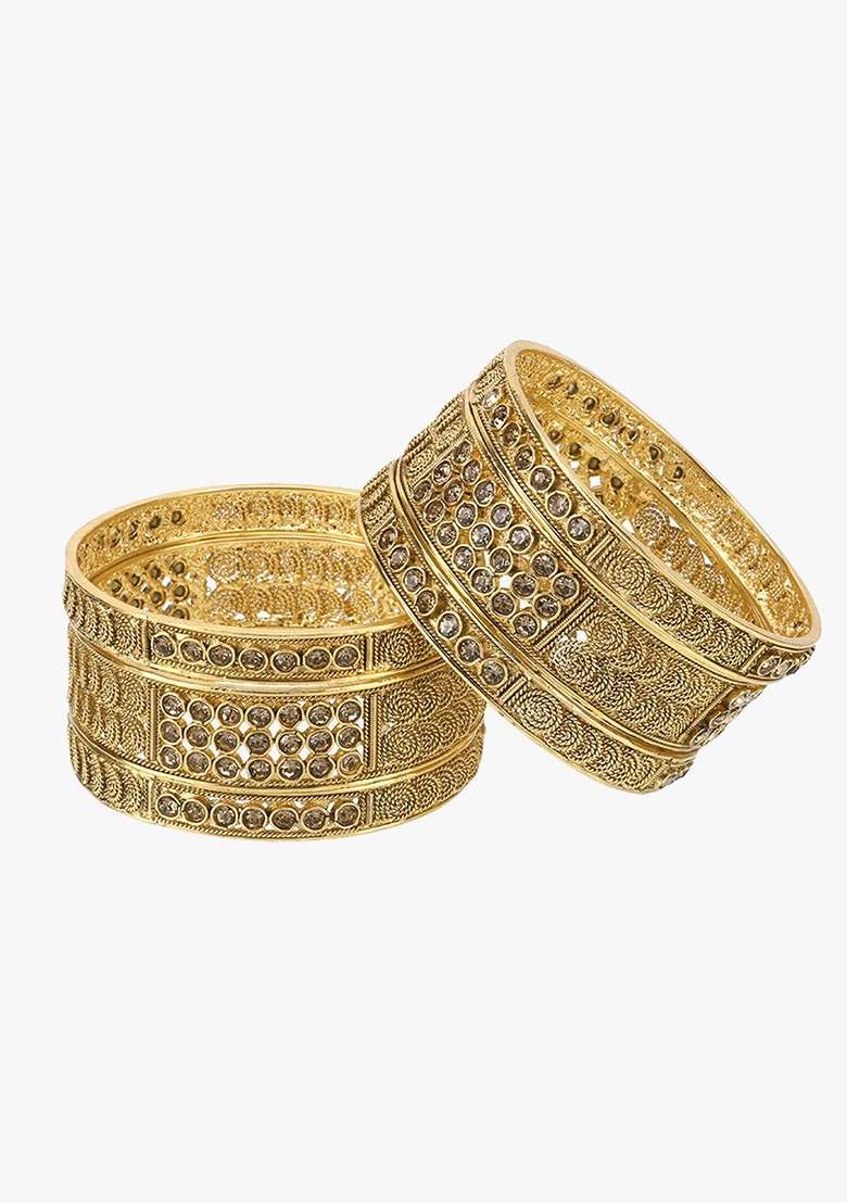 Gold Stone Studded And Beaded Gold Plated Bangle - Indya