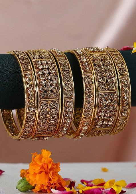 Gold Stone Studded And Beaded Gold Plated Bangle