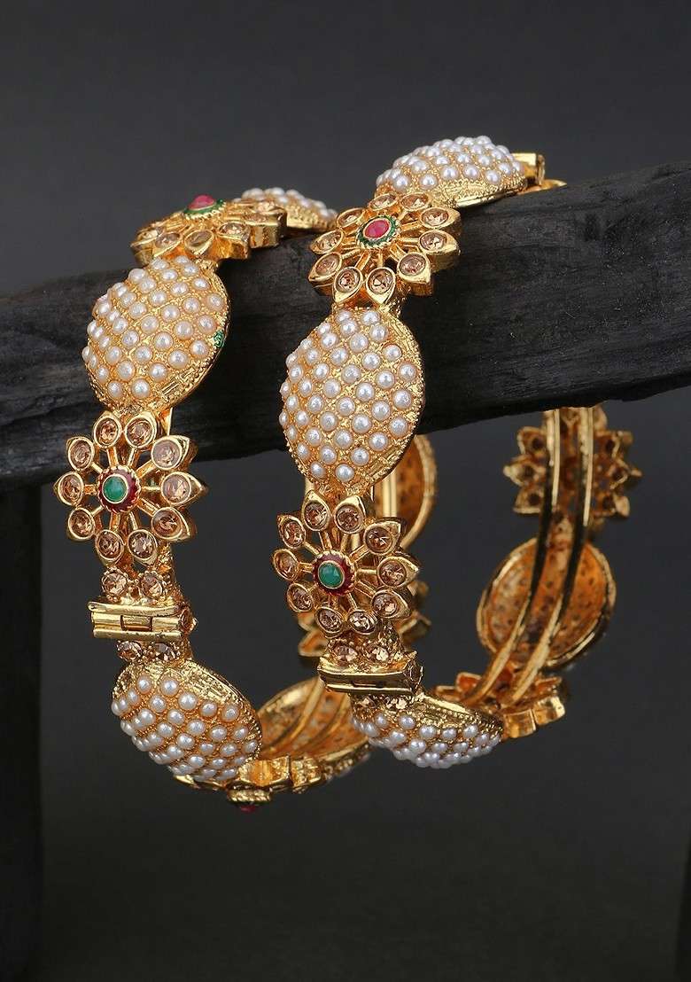 Gold Stone Studded  Gold Plated Bangles (Set Of 2) - Indya