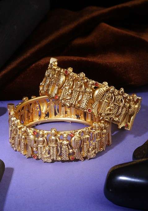 Red Stone Studded  Gold Plated Bangles (Set Of 2)