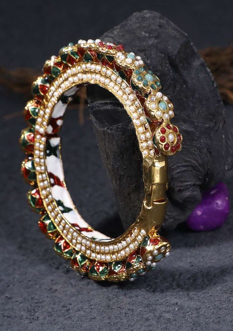 Gold Stone Studded And Beaded Gold Plated Bangle - Indya