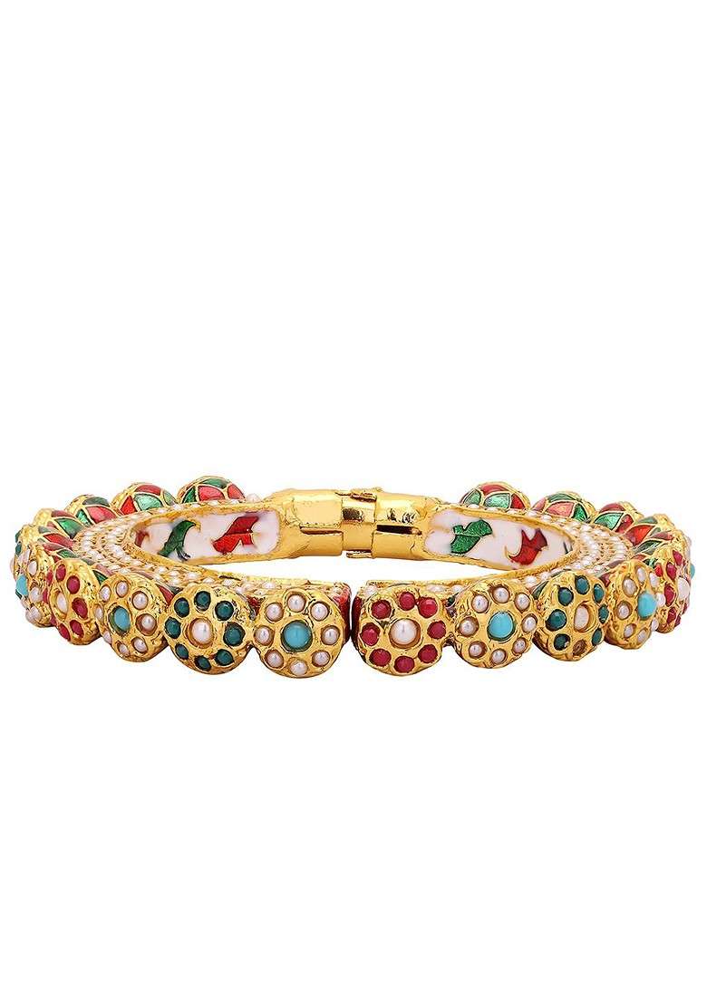 Gold Stone Studded And Beaded Gold Plated Bangle - Indya
