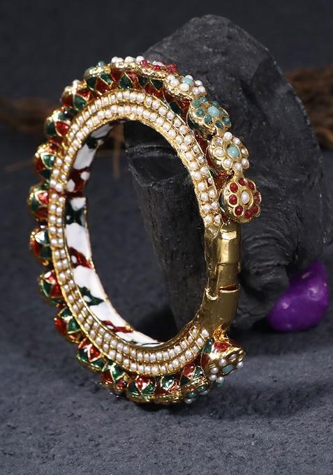 Gold Stone Studded And Beaded Gold Plated Bangle