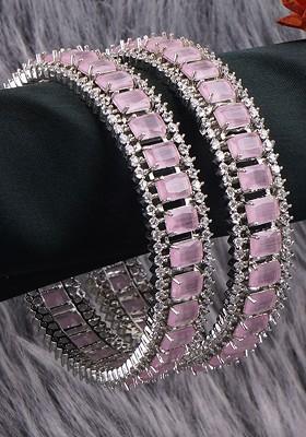Silver Stone Studded And Beaded Rhodium Plated Bangles (Set Of 2)