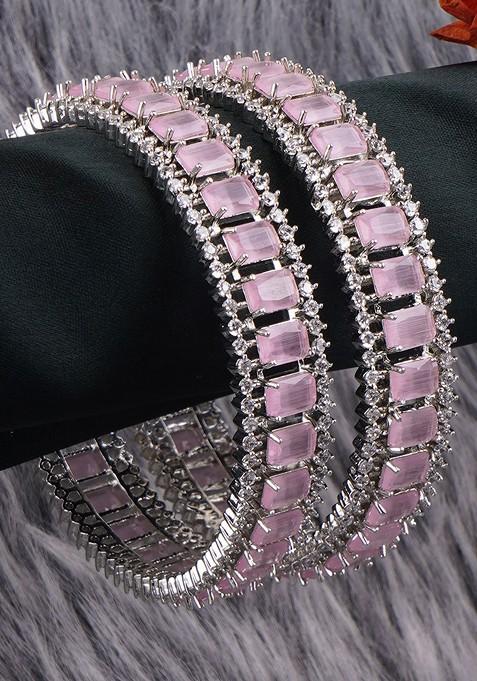 Silver Stone Studded And Beaded Rhodium Plated Bangles (Set Of 2)