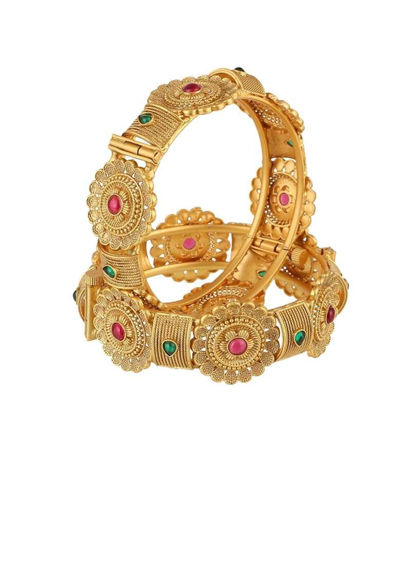 Pink Stone Studded And Beaded Gold Plated Bangles (Set Of 2) - Indya