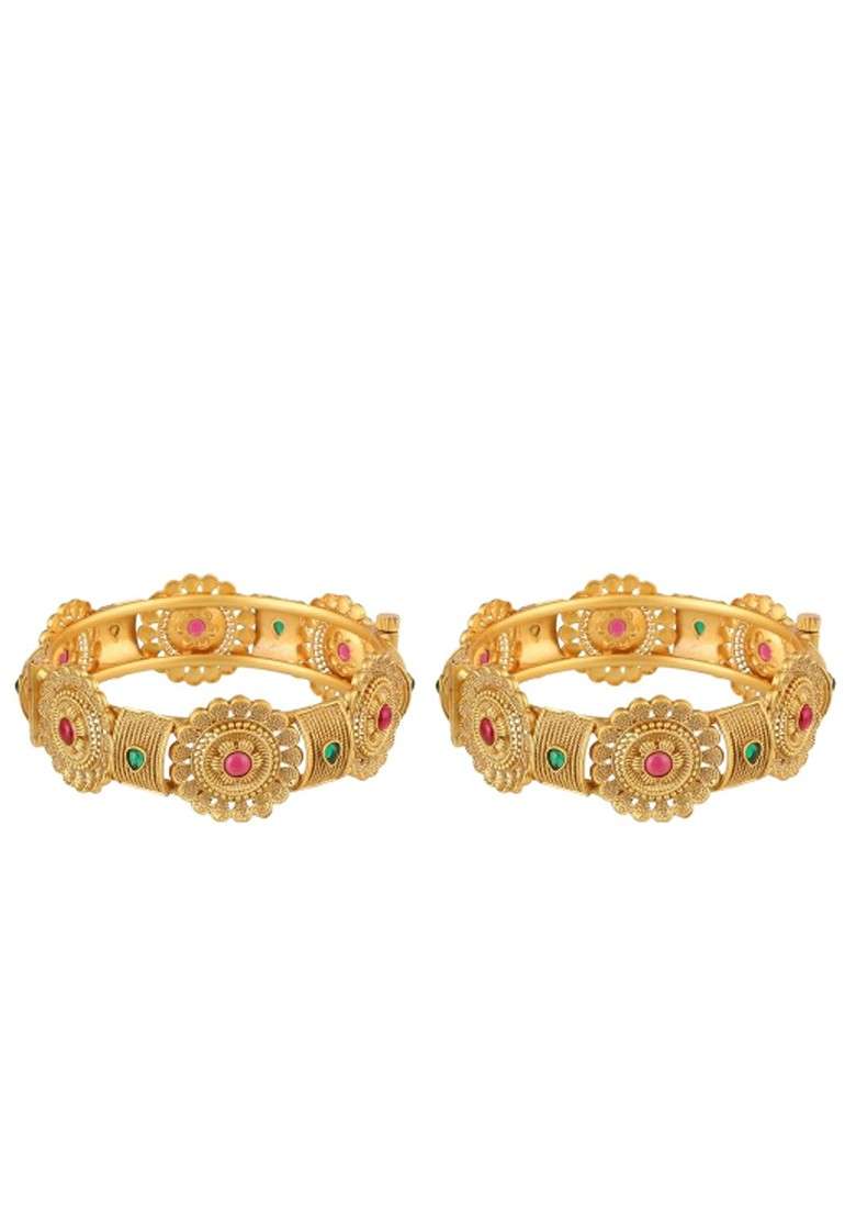 Pink Stone Studded And Beaded Gold Plated Bangles (Set Of 2) - Indya
