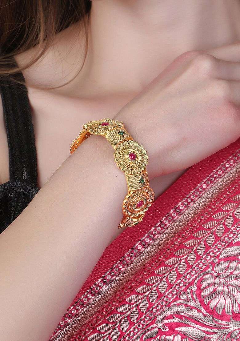 Pink Stone Studded And Beaded Gold Plated Bangles (Set Of 2) - Indya