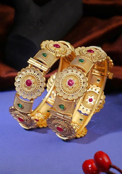 Pink Stone Studded And Beaded Gold Plated Bangles (Set Of 2)