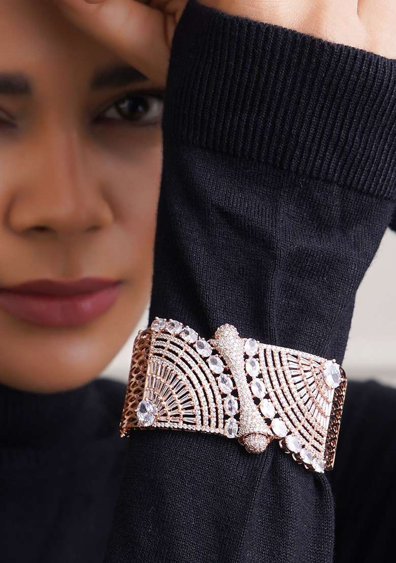 Rose Gold Artificial Stones And Beads Gold Plated Bracelet - Indya