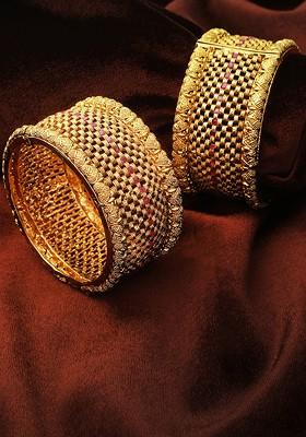 Gold Stone Studded  Gold Plated Bangles (Set Of 2) - Indya