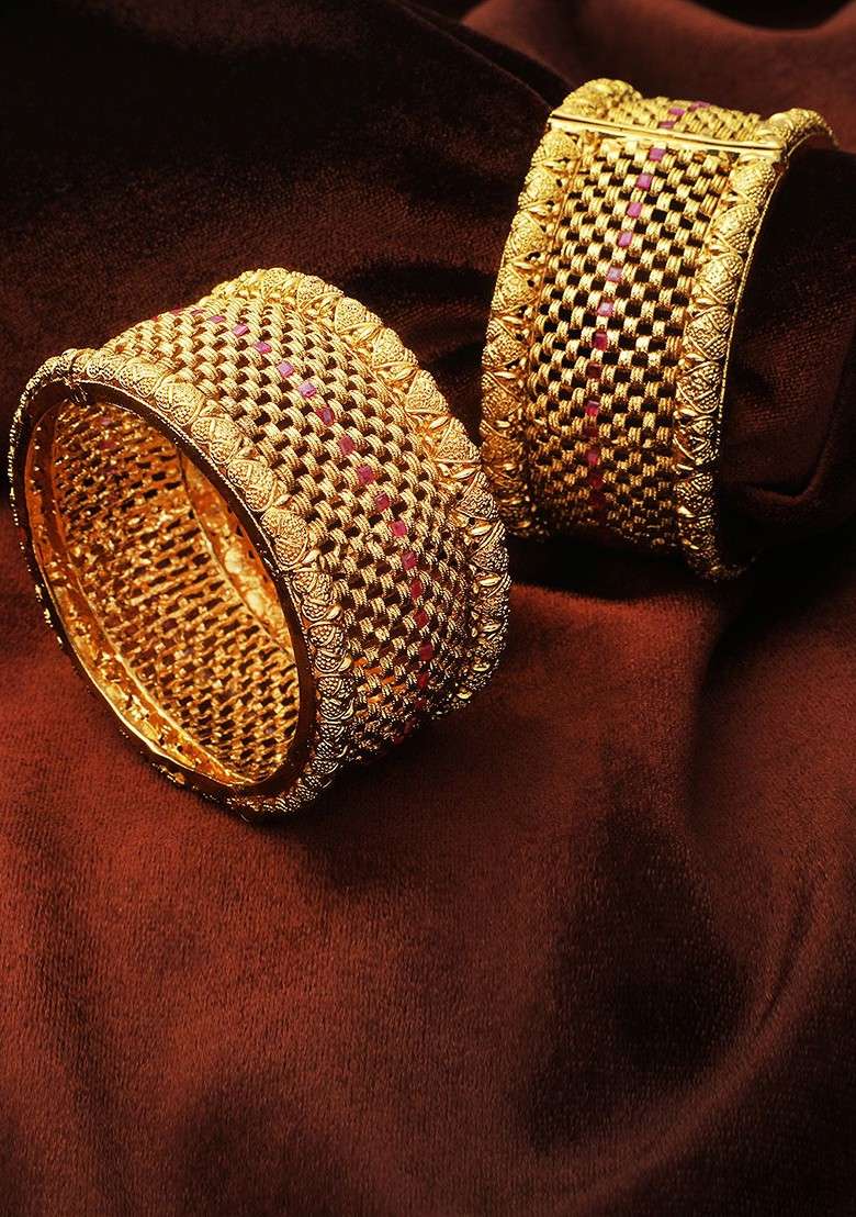 Gold Stone Studded  Gold Plated Bangles (Set Of 2) - Indya