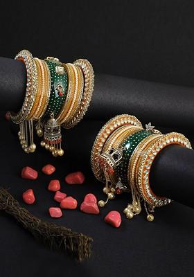 Gold Stone Studded And Beaded Gold Plated Bangles (Set Of 2)