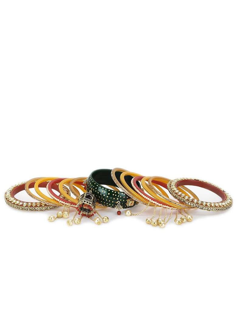 Gold Stone Studded And Beaded Gold Plated Bangles (Set Of 2) - Indya