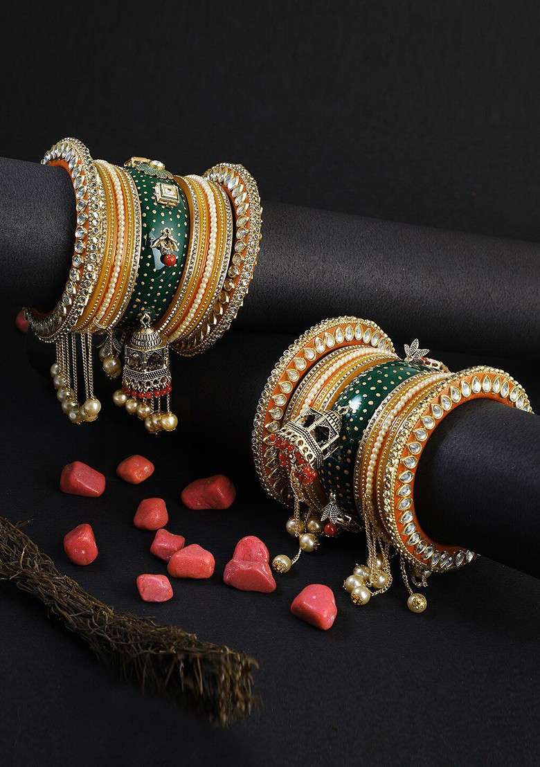 Gold Stone Studded And Beaded Gold Plated Bangles (Set Of 2) - Indya