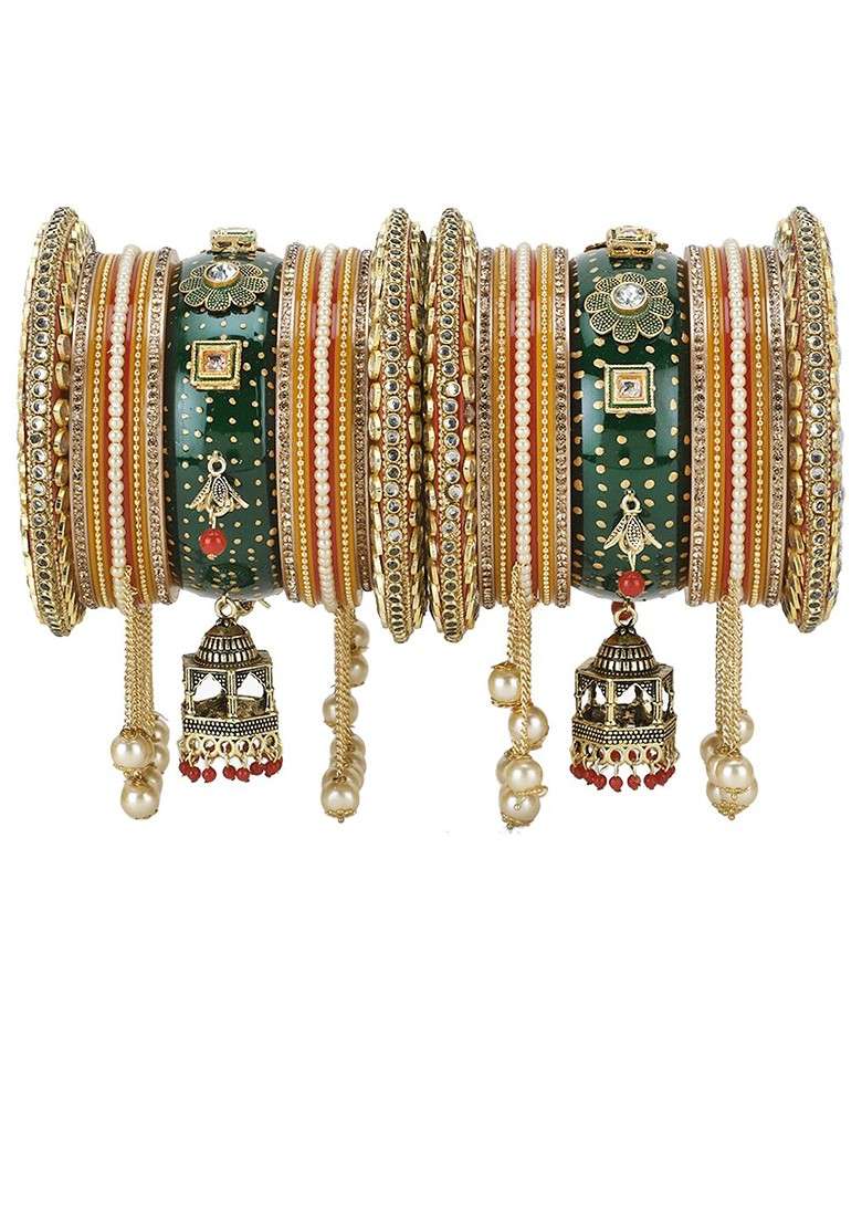 Gold Stone Studded And Beaded Gold Plated Bangles (Set Of 2) - Indya