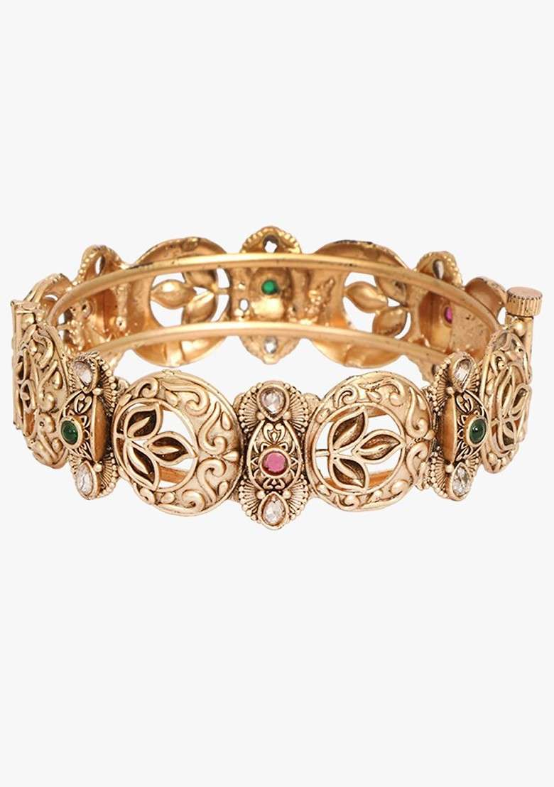 Gold Stone Studded And Beaded Gold Plated Bangles (Set Of 2) - Indya
