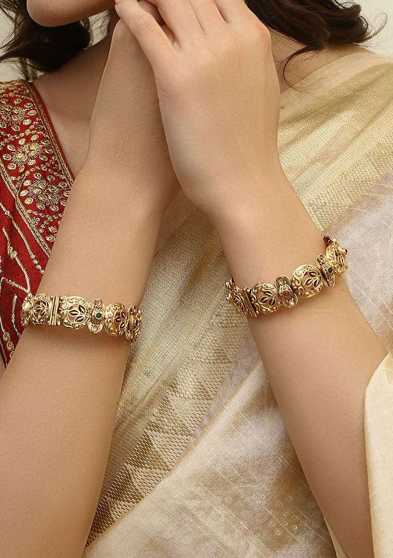 Gold Stone Studded And Beaded Gold Plated Bangles (Set Of 2) - Indya