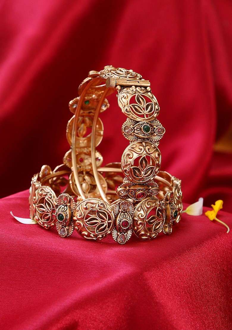 Gold Stone Studded And Beaded Gold Plated Bangles (Set Of 2) - Indya