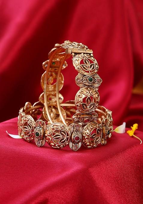 Gold Stone Studded And Beaded Gold Plated Bangles (Set Of 2)