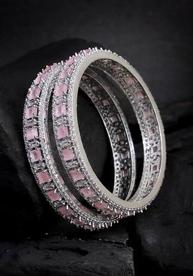 Silver Stone Studded  Rhodium Plated Bangles (Set Of 2)