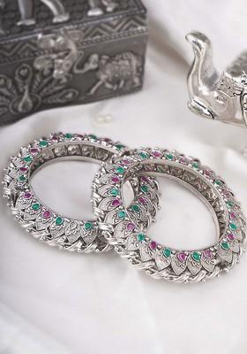 Silver Artificial Stones And Beads Silver Plated  Bangles (Set Of 2)