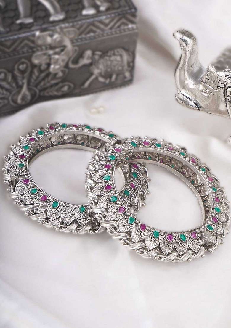 Silver Artificial Stones And Beads Silver Plated  Bangles (Set Of 2) - Indya