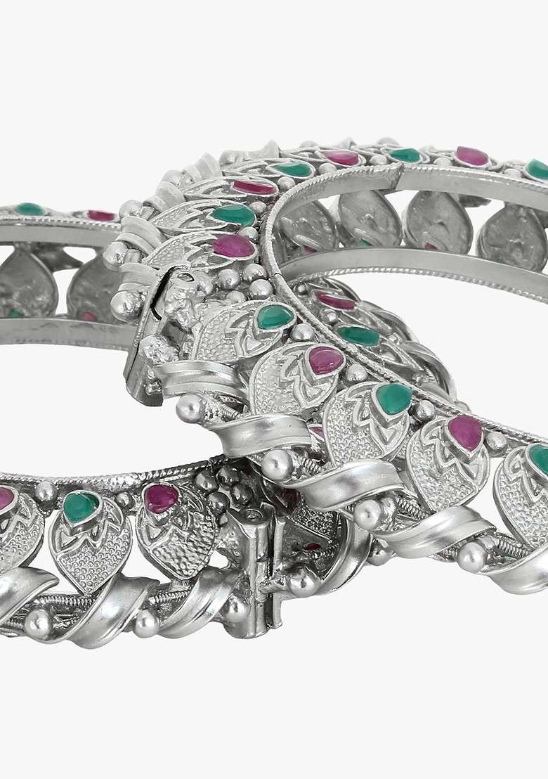 Silver Artificial Stones And Beads Silver Plated  Bangles (Set Of 2) - Indya