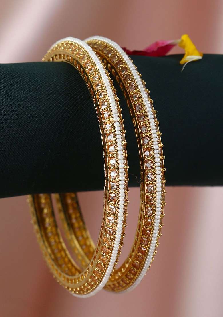 Gold Stone Studded  Gold Plated Bangles (Set Of 2) - Indya