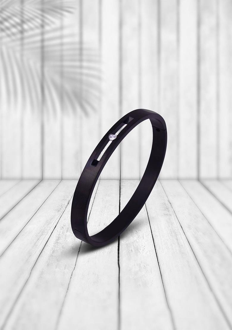 Black Stone Studded And Beaded Stainless Steel Bracelet For Men