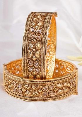 Gold Artificial Stones And Beads Gold Plated Bangles (Set Of 2)