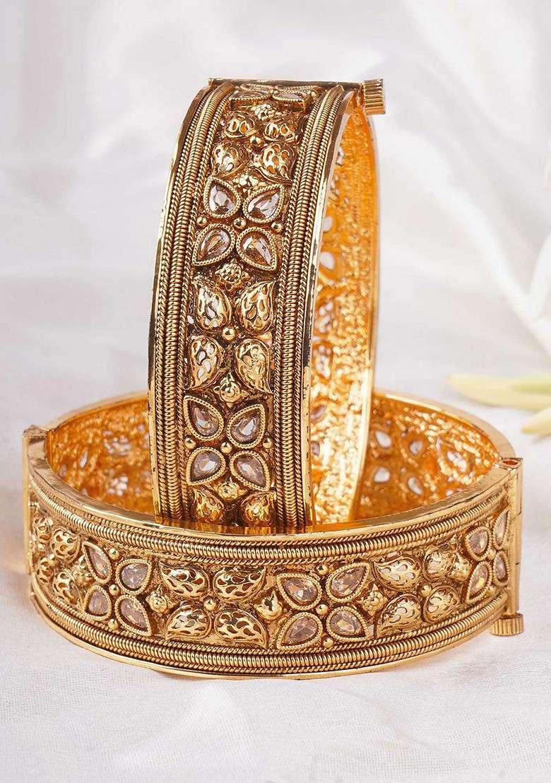 Gold Artificial Stones And Beads Gold Plated Bangles (Set Of 2) - Indya