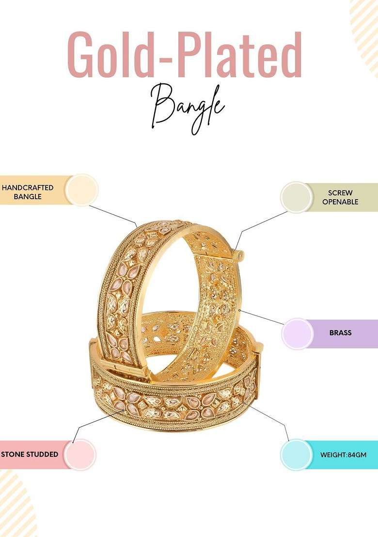 Gold Artificial Stones And Beads Gold Plated Bangles (Set Of 2) - Indya