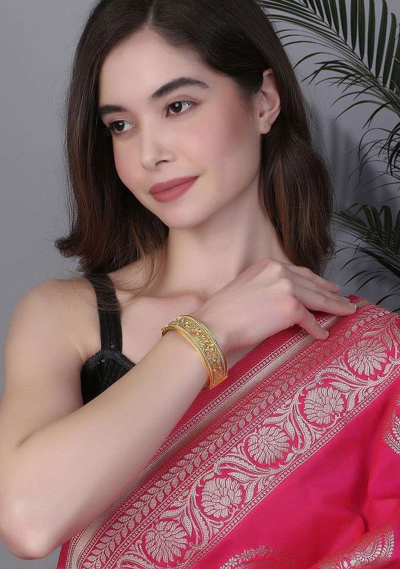 Gold Artificial Stones And Beads Gold Plated Bangles (Set Of 2) - Indya