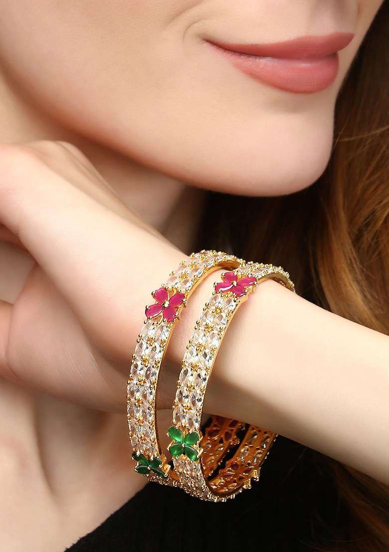 Gold Zirconia Studded Gold Plated Bangles (Set Of 2) - Indya