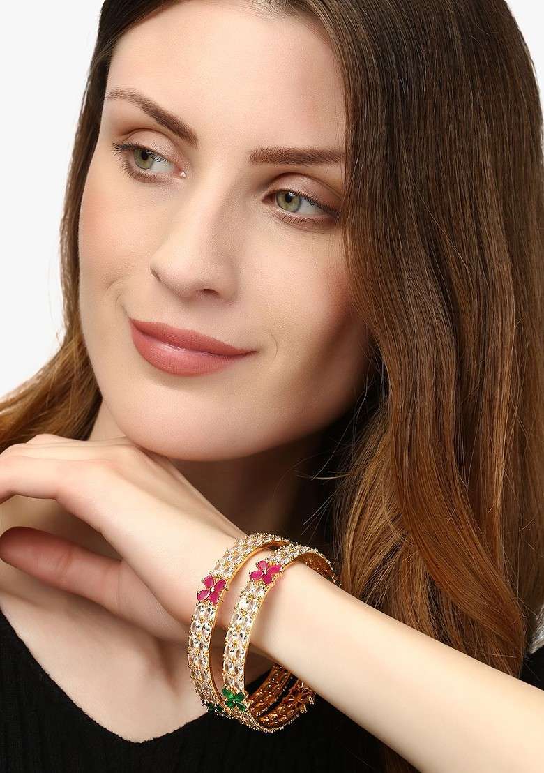 Gold Zirconia Studded Gold Plated Bangles (Set Of 2) - Indya