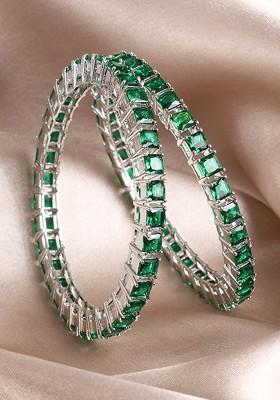 Silver Stone Studded  Rhodium Plated Bangles (Set Of 2)