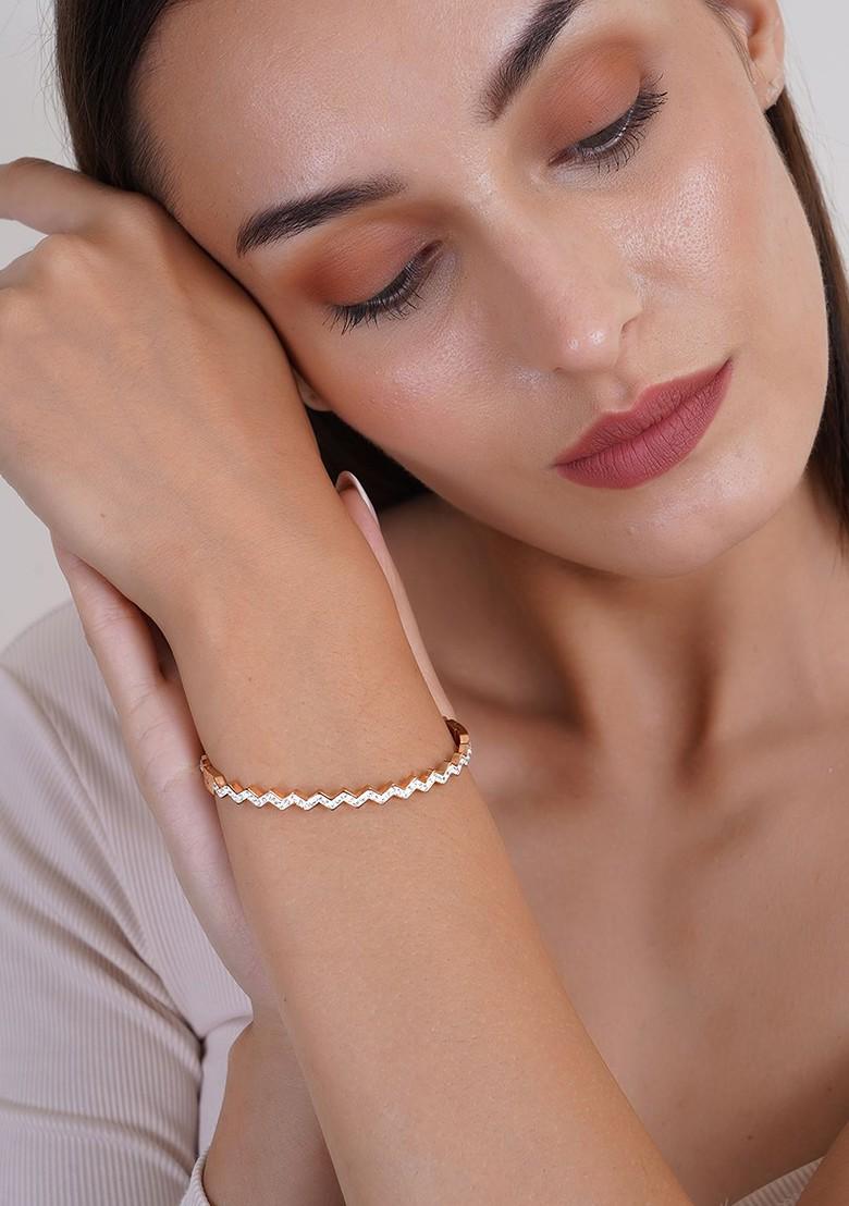 Rose Gold Stone Studded And Beaded Gold Plated Bracelet