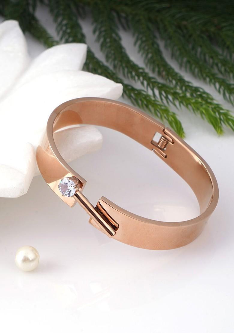 Rose Gold Stone Studded And Beaded Gold Plated Bracelet