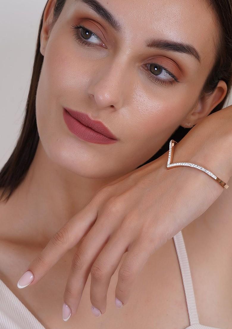 Rose Gold Stone Studded And Beaded Gold Plated Bracelet