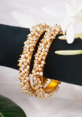 Gold Pearl Beaded Gold Plated Bangles (Set Of 2)