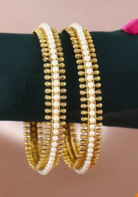 Gold Pearl Beaded Gold Plated Bangles (Set Of 2)