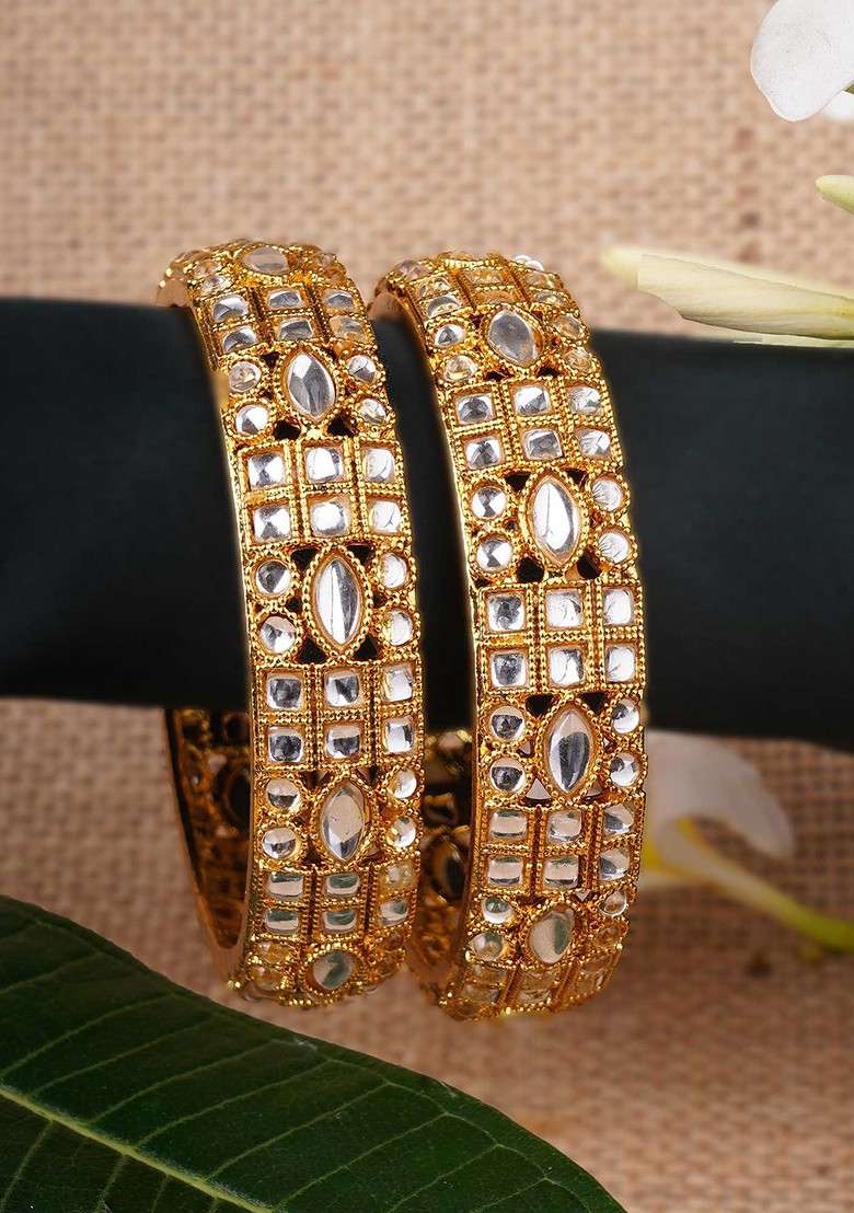 Gold Artificial Stones And Beads Gold Plated Bangles (Set Of 2) - Indya